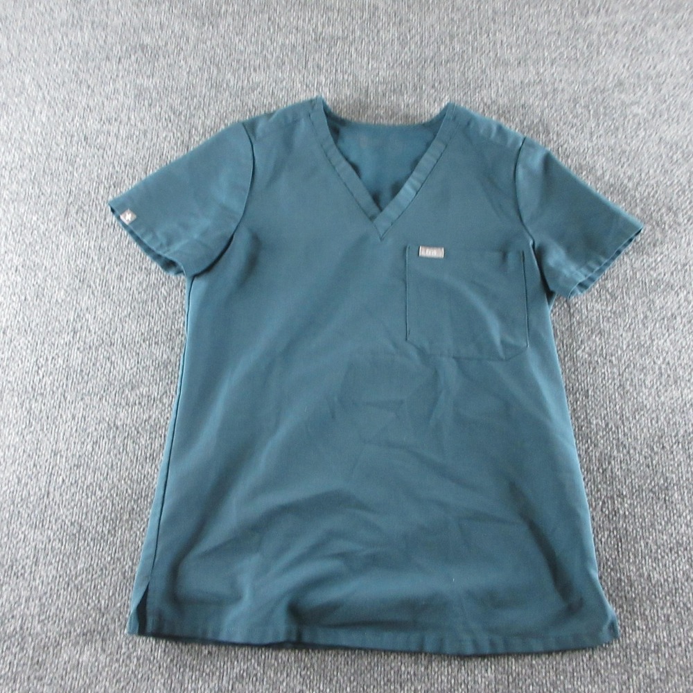 FIGS Scrub Top Womens XS Green V Neck Short Sleeve Stretch Pocket Tunic